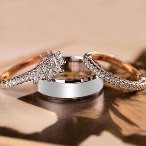 💎3Pcs/Set Sweet Three Princess Cut Zircon Square Rings for Women, PD582
